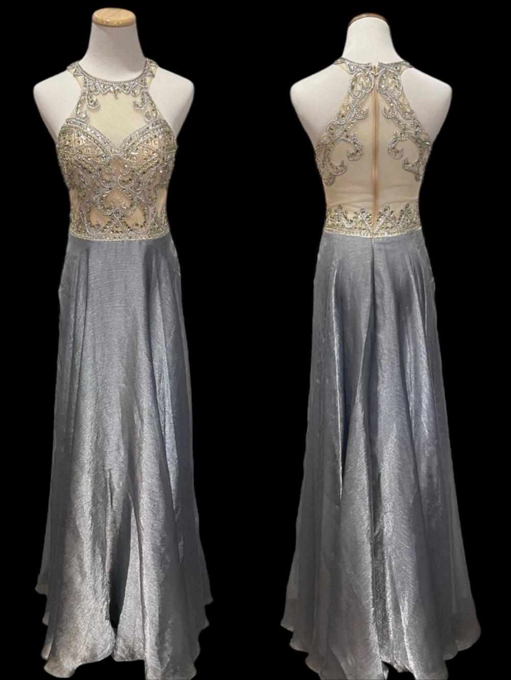 Camille La Vie Formal Dress with Beaded & Jeweled Bodice in Gold & Silver Tones